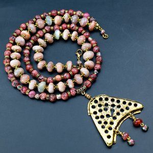 Unusual stone bead necklace bib, statement two row necklace, summer jewelry ooak